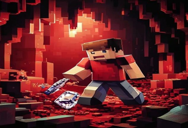 Jogador de Minecraft minerando diamantes
