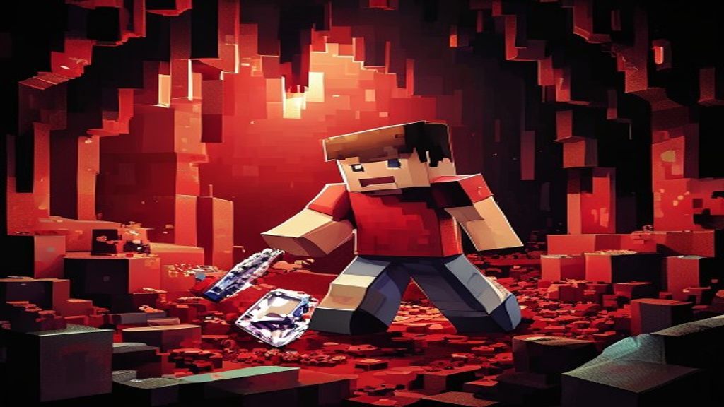 Jogador de Minecraft minerando diamantes