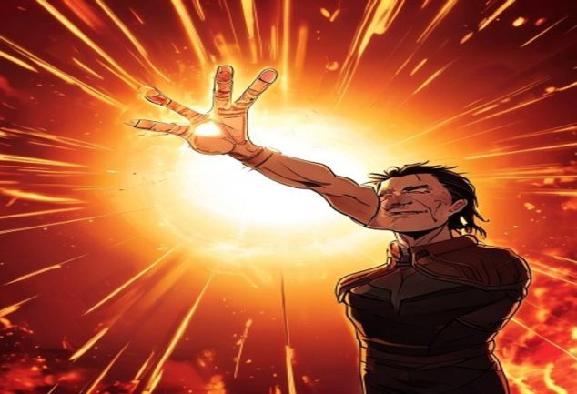 Homem de Ferro estalando os dedos com a Manopla do Infinito, cena final de Vingadores Ultimato