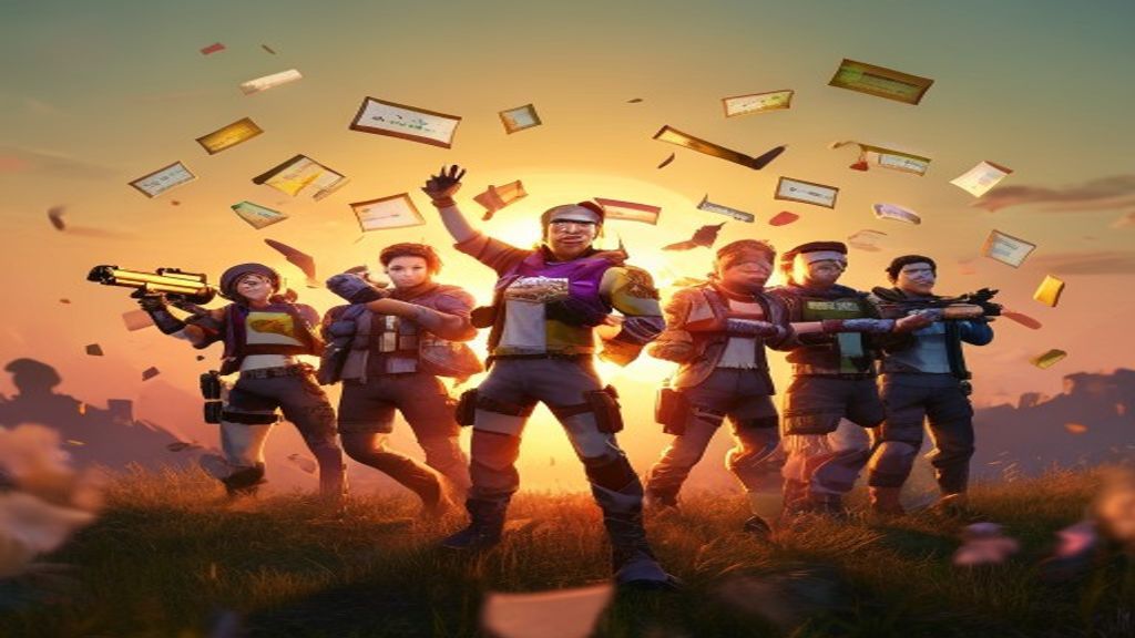 Personagens de Free Fire com códigos e recompensas flutuando, representando a busca por 'codiguins' da Garena.