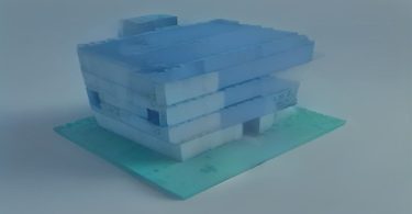 Blueprint digital de uma estrutura avançada no Minecraft, com detalhes de planejamento