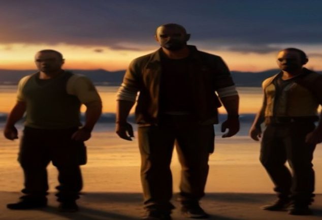 Michael, Franklin e Trevor em cutscene de GTA 5