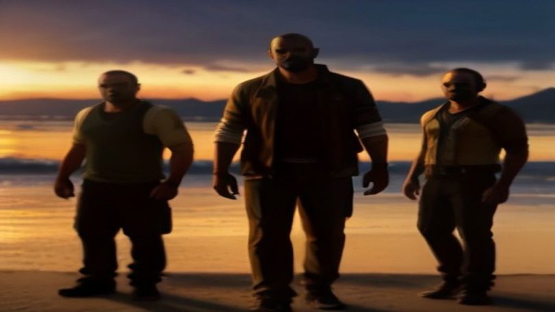 Michael, Franklin e Trevor em cutscene de GTA 5