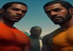 Michael, Franklin e Trevor, personagens principais de GTA 5, discutindo o significado das missões.