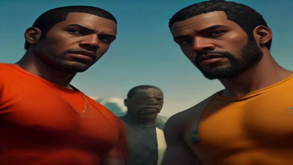 Michael, Franklin e Trevor, personagens principais de GTA 5, discutindo o significado das missões.