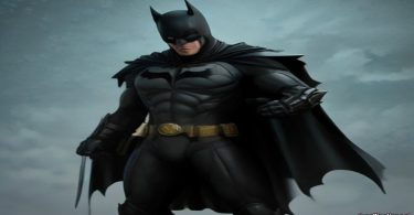 Batman, Cavaleiro das Trevas, em pose icônica representando sua origem e poderes