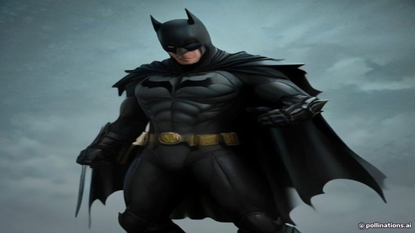 Batman, Cavaleiro das Trevas, em pose icônica representando sua origem e poderes